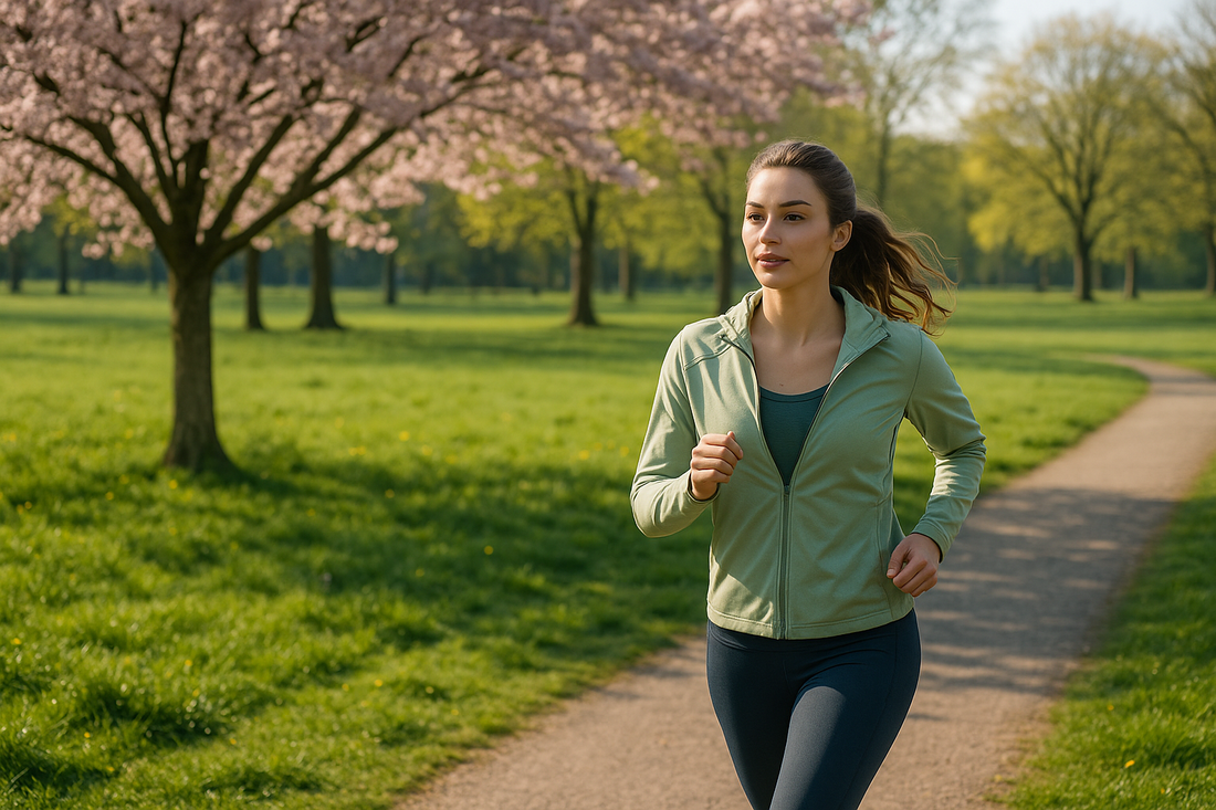 Joggende Frau im Fitness-Outfit bei Frühlingswetter im Park – Fitness Outfit Damen Frühling